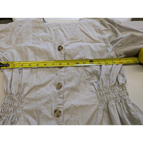 T Tahari Linen Blend Midi Dress Flutter Sleeve Khaki Button Up Shirred Waist 12 - Picture 13 of 15